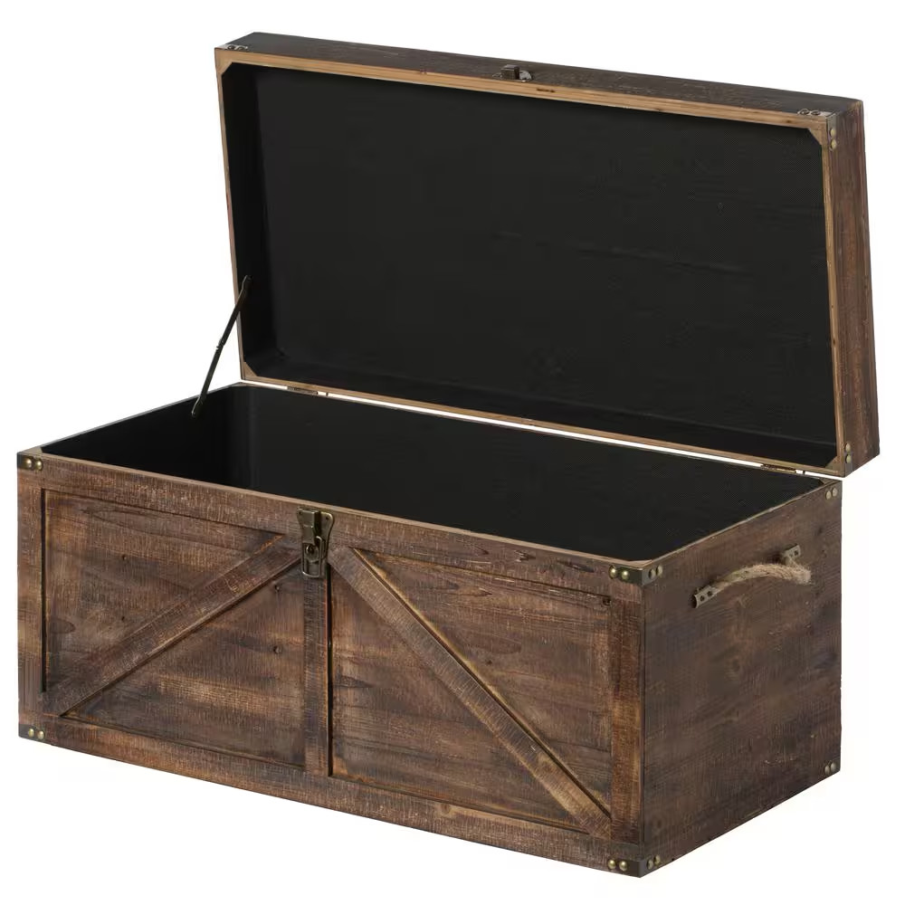 Brown Large Wooden Lockable Trunk Farmhouse Style Rustic Design Lined Storage Ch