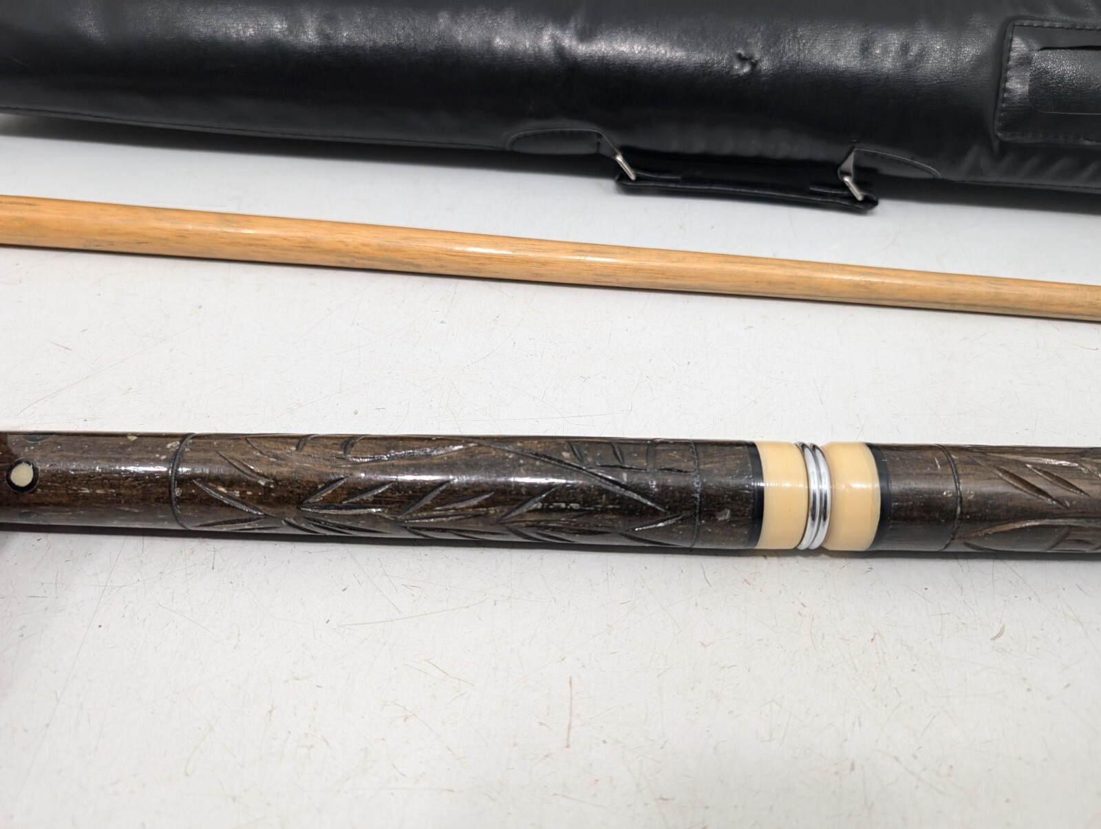 Vintage Pool Cue With Case - Tiki Bar Style Carved Wood Unique - Made In Hawaii
