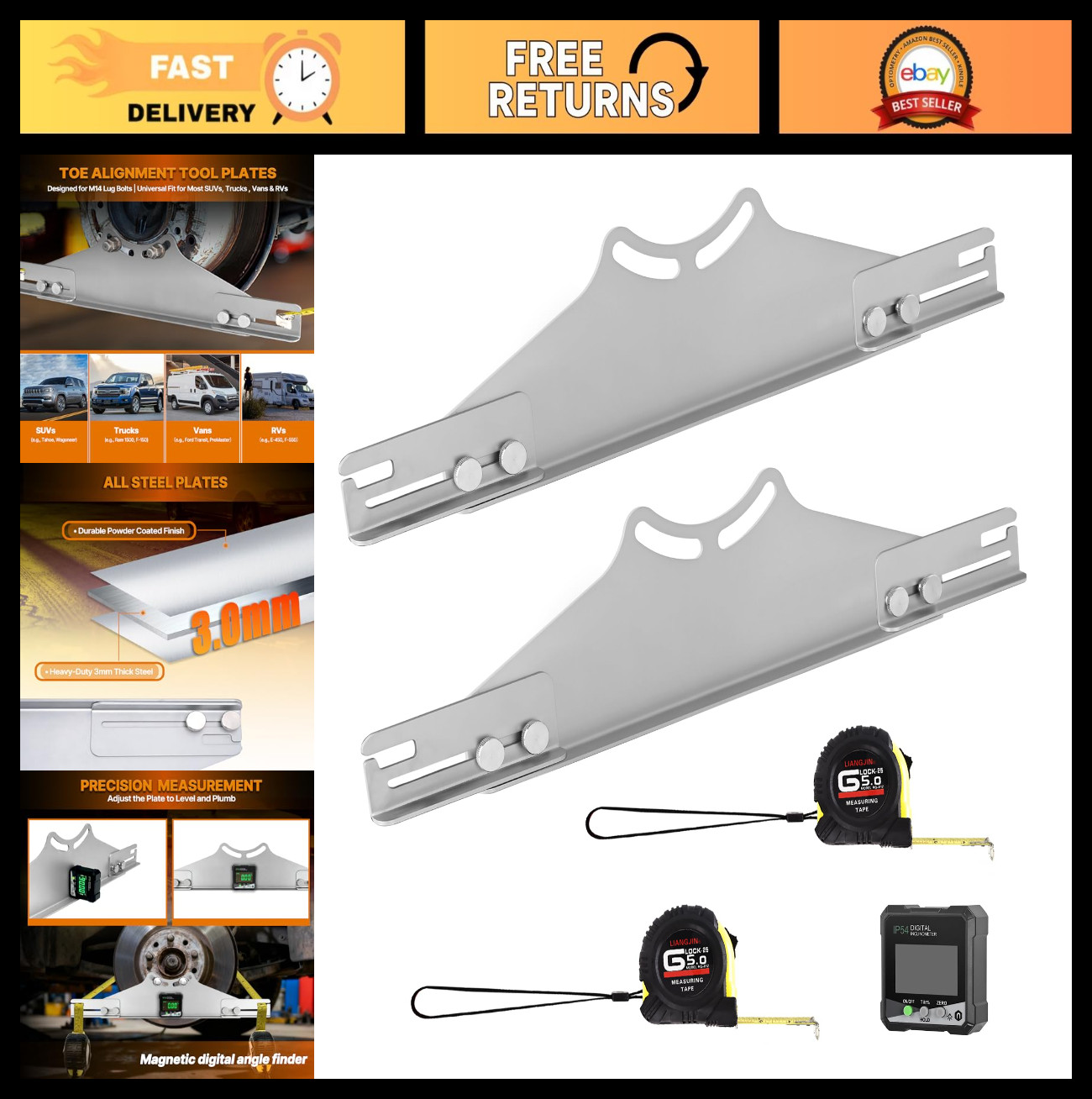 Toe Alignment Tool with 2 Tape Measures & Digital Angle Finder - Accurate Wheel