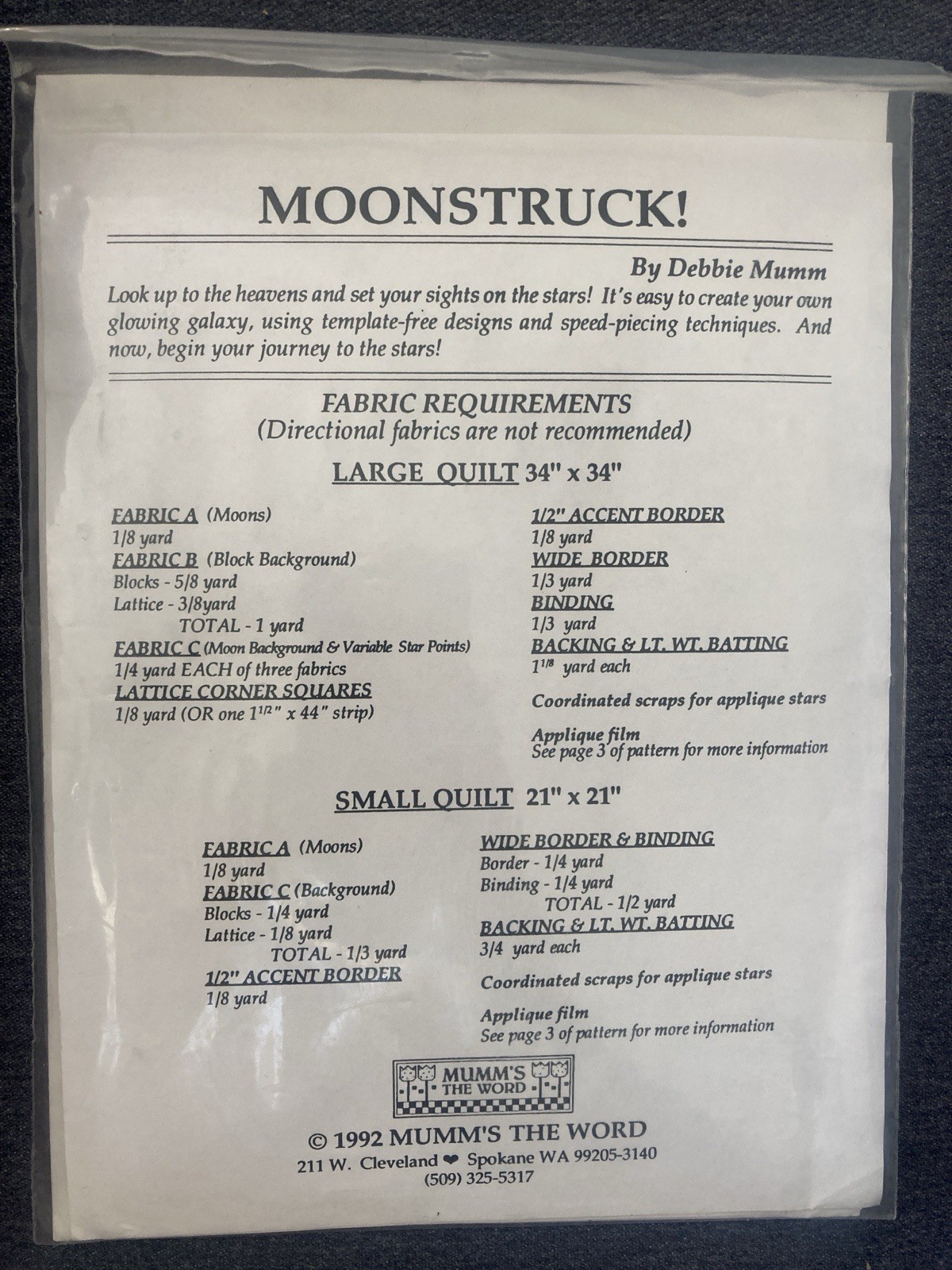 MOONSTRUCK - 1992 Mumm’s The Word - Appliquéd Quilt Pattern