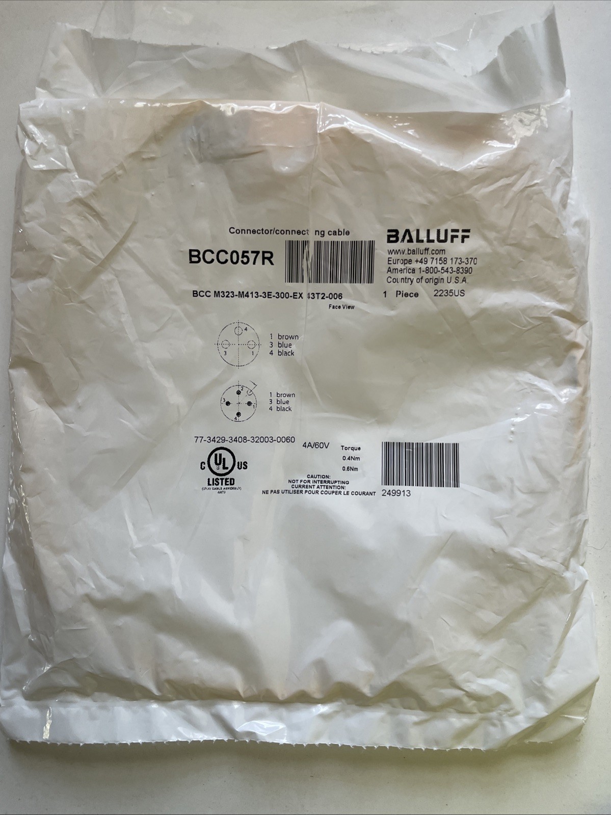 Balluff BCC057R BCM323-M413-3E-300-EX Connector Cable - New in Box