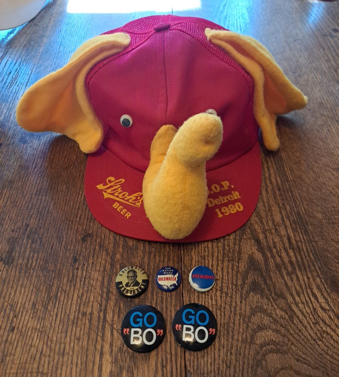 VTG GOP campaign lot: 1980 GOP Detroit cap, Nixon, Goldwater,  Bo Callaway pins