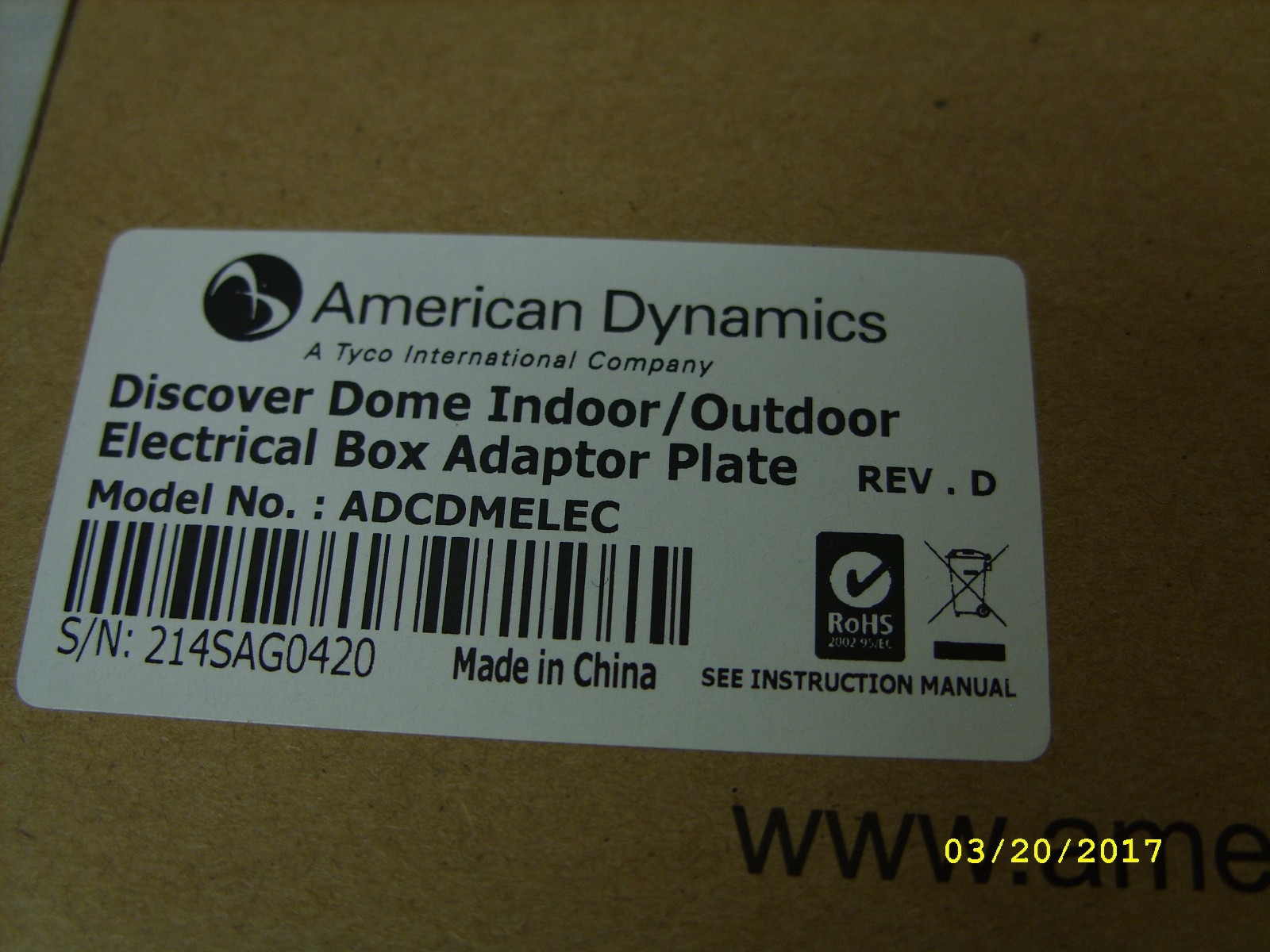 American Dynamics AD - Discover Dome I/O Electrical Box Adapter Plate ADCDMELEC