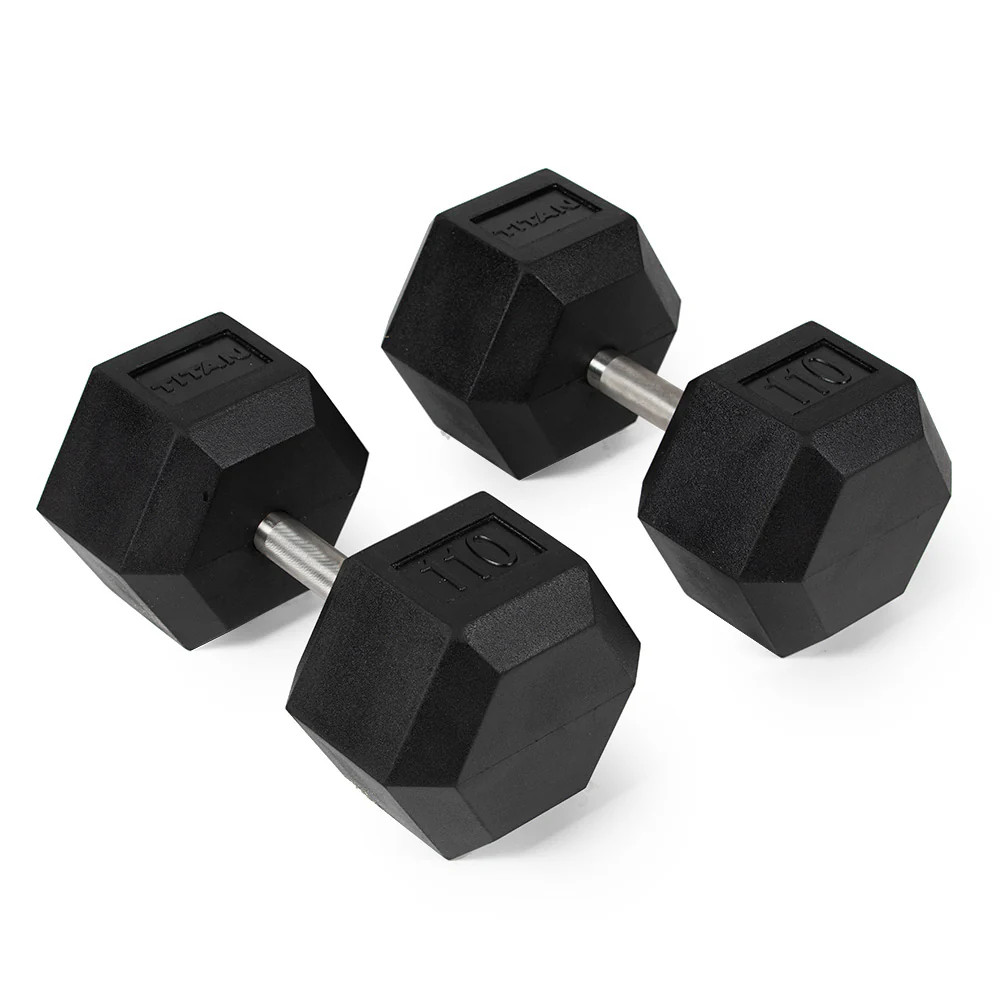 Titan Fitness 110 LB Pair Free Weights, Black Rubber Coated Hex Dumbbell, Straig