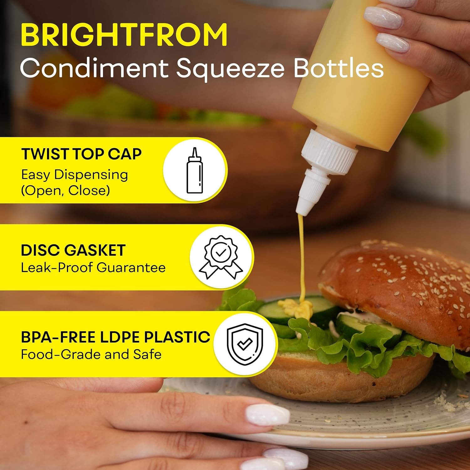BRIGHTFROM Condiment Squeeze Bottles, 12 OZ Empty Squirt Bottle with White