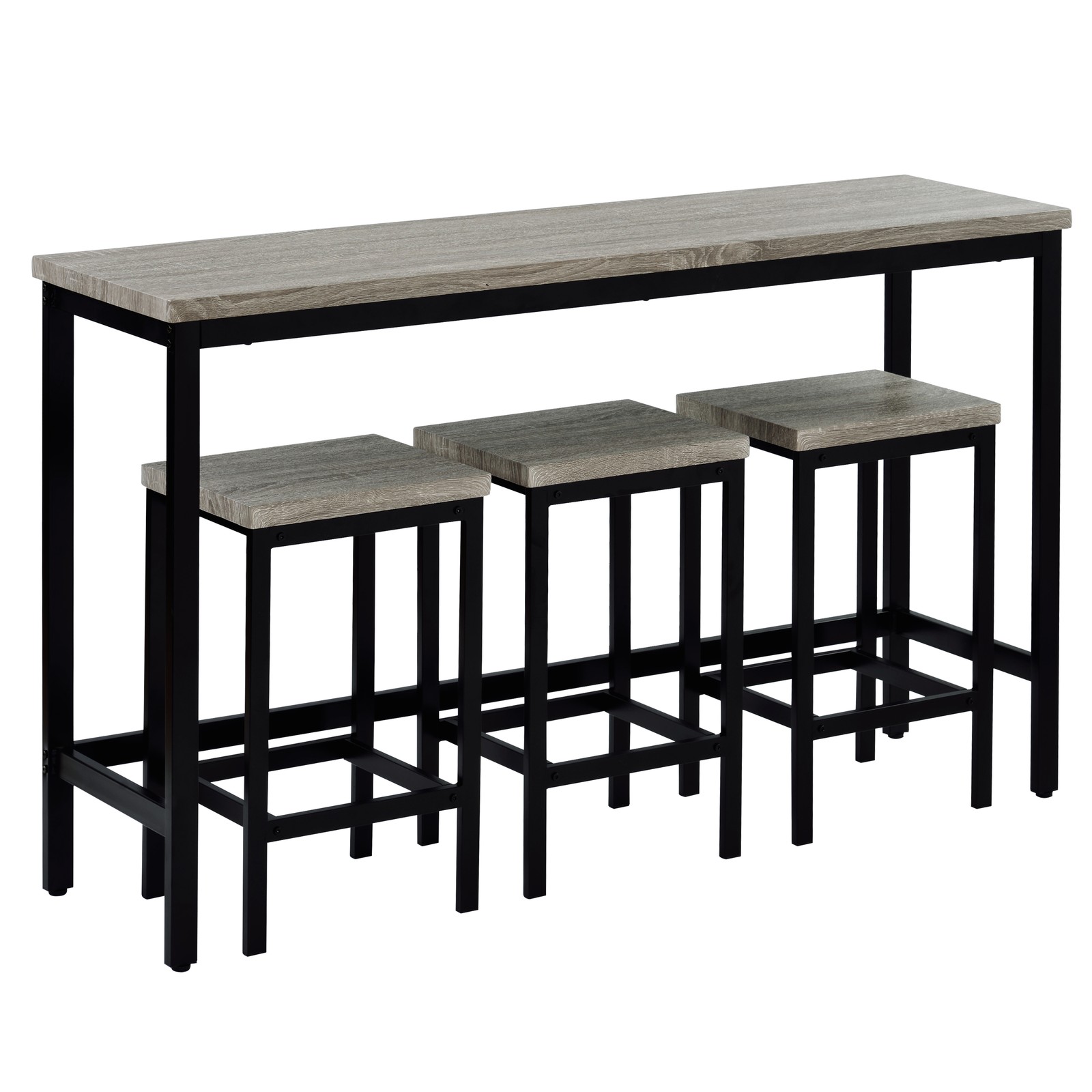 Three-piece set, long dining table with counter height and three stools, grey
