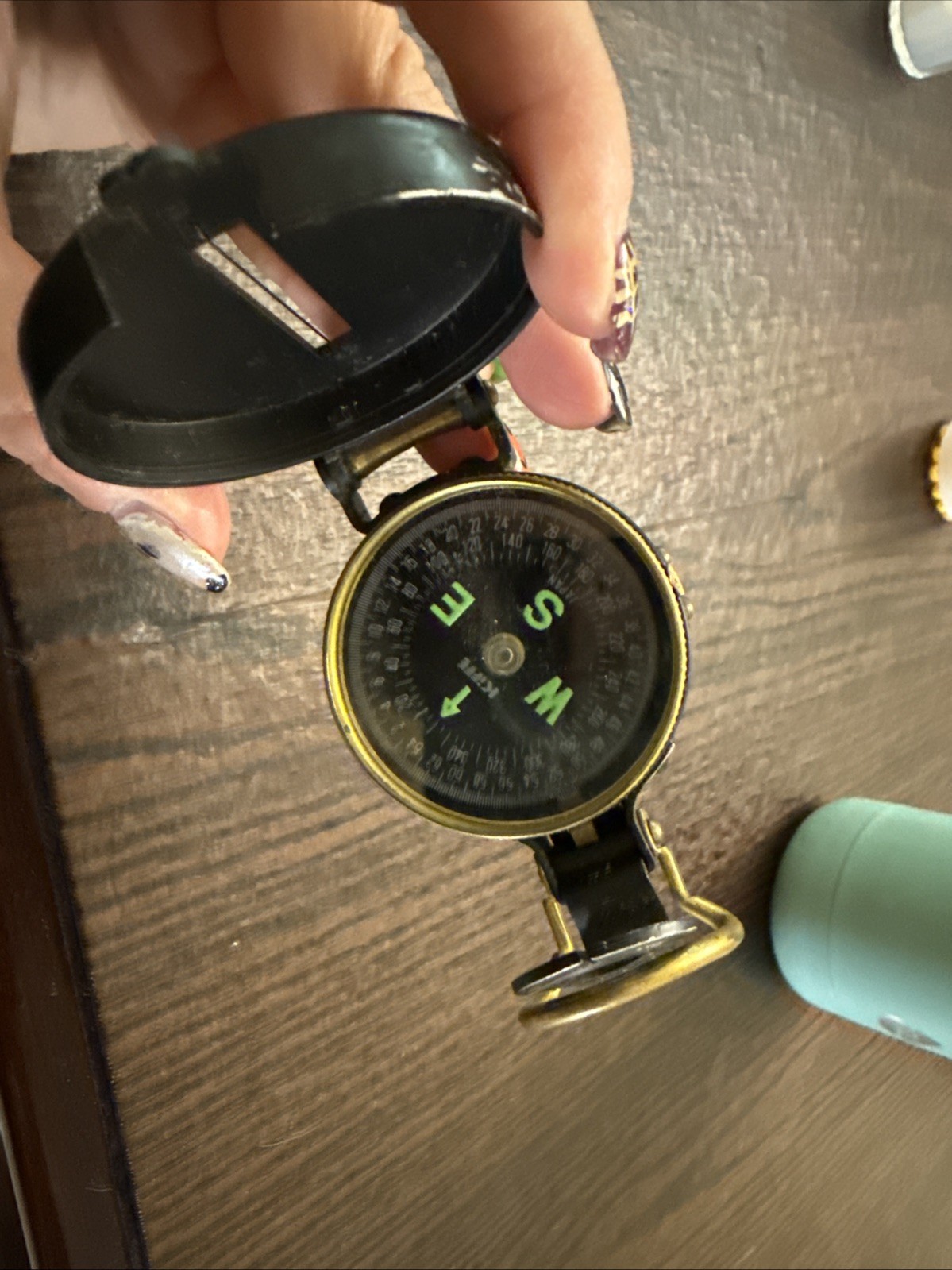 Vintage Lensatic Compass Brass Green Letters  Black Face