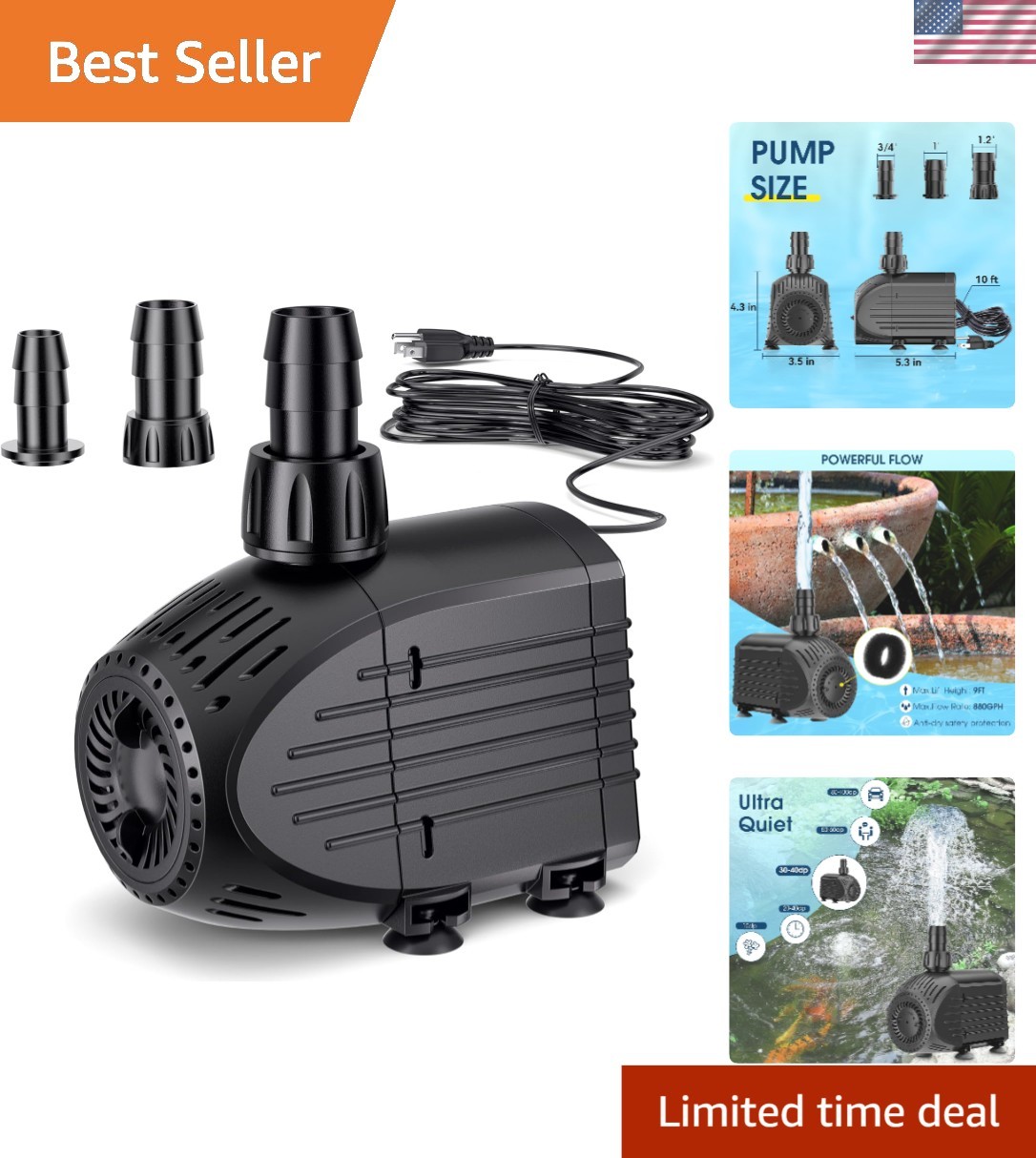 Submersible Water Pump 880GPH, 60W Ultra Quiet Fountain Pump with Dry Burning...