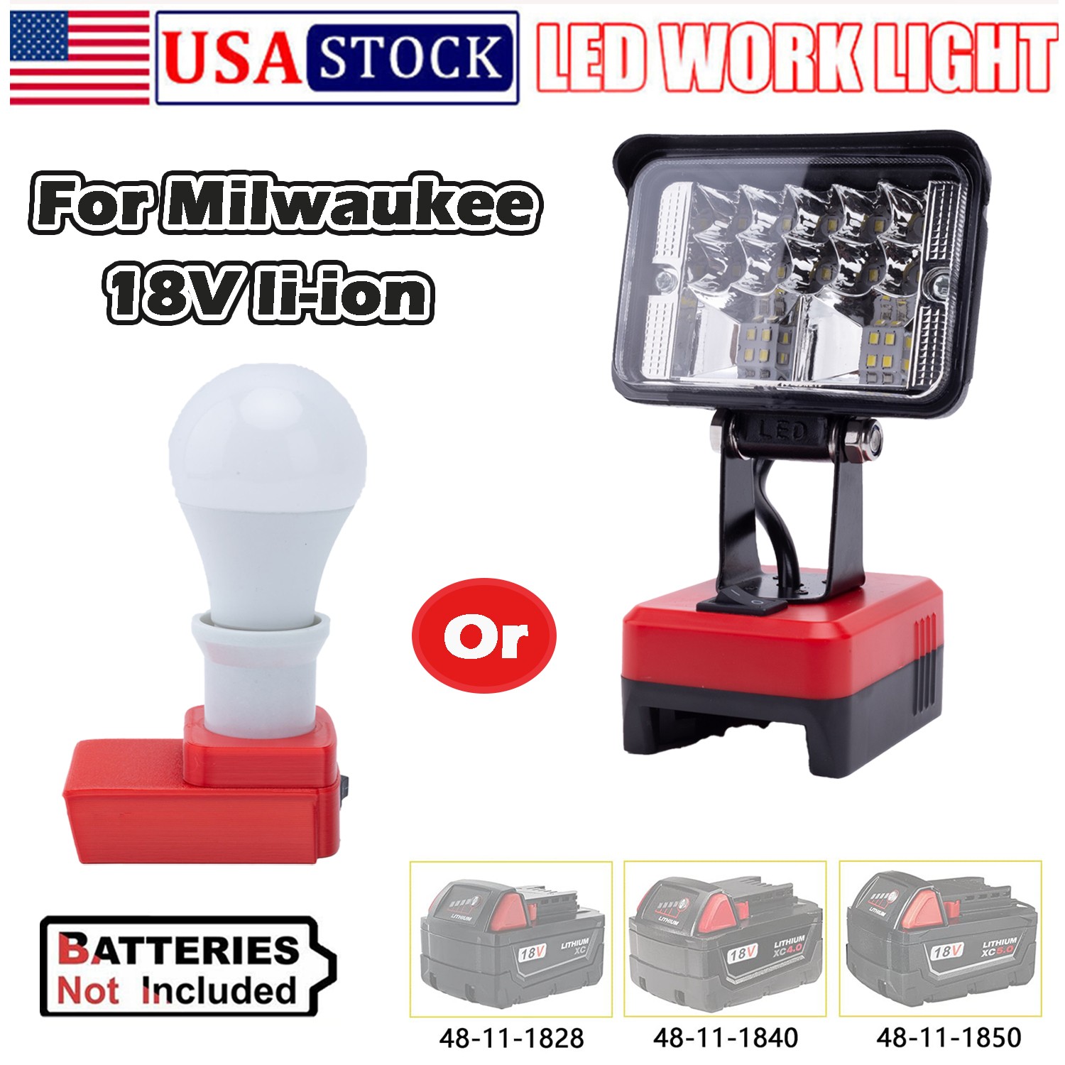 NEW Cordless LED Work Light For Milwaukee 18V Lithium-ion Battery E27 LED Bulbs