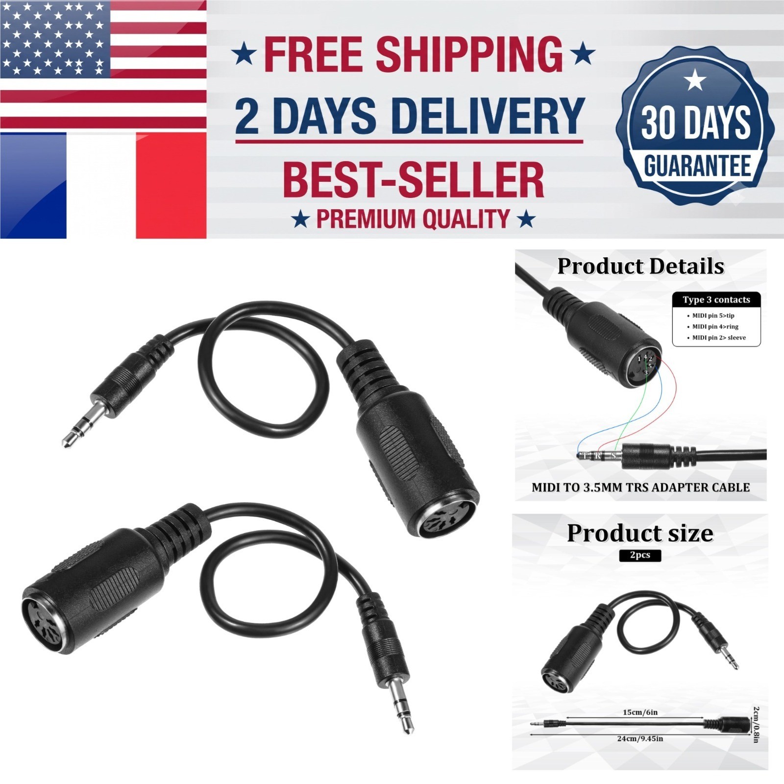 Eldraqth MIDI to 3.5mm Adapter 2 Pack - 9.5" Breakout Cable