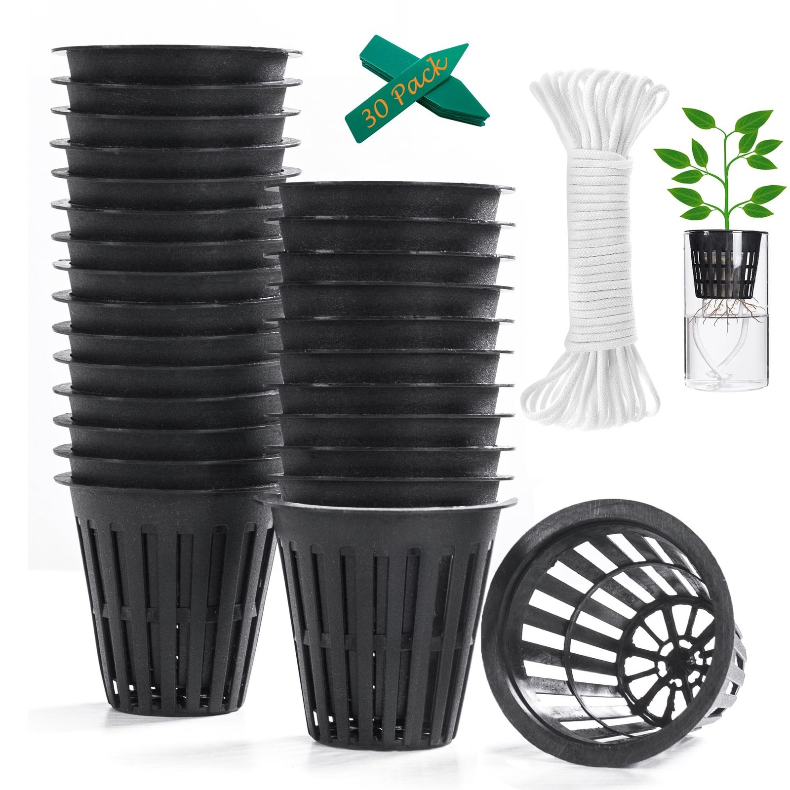 ORIMERC 2 inch Net Cups Pots 30 Pack with 30 feet Self Watering Wick & 30 Pla...