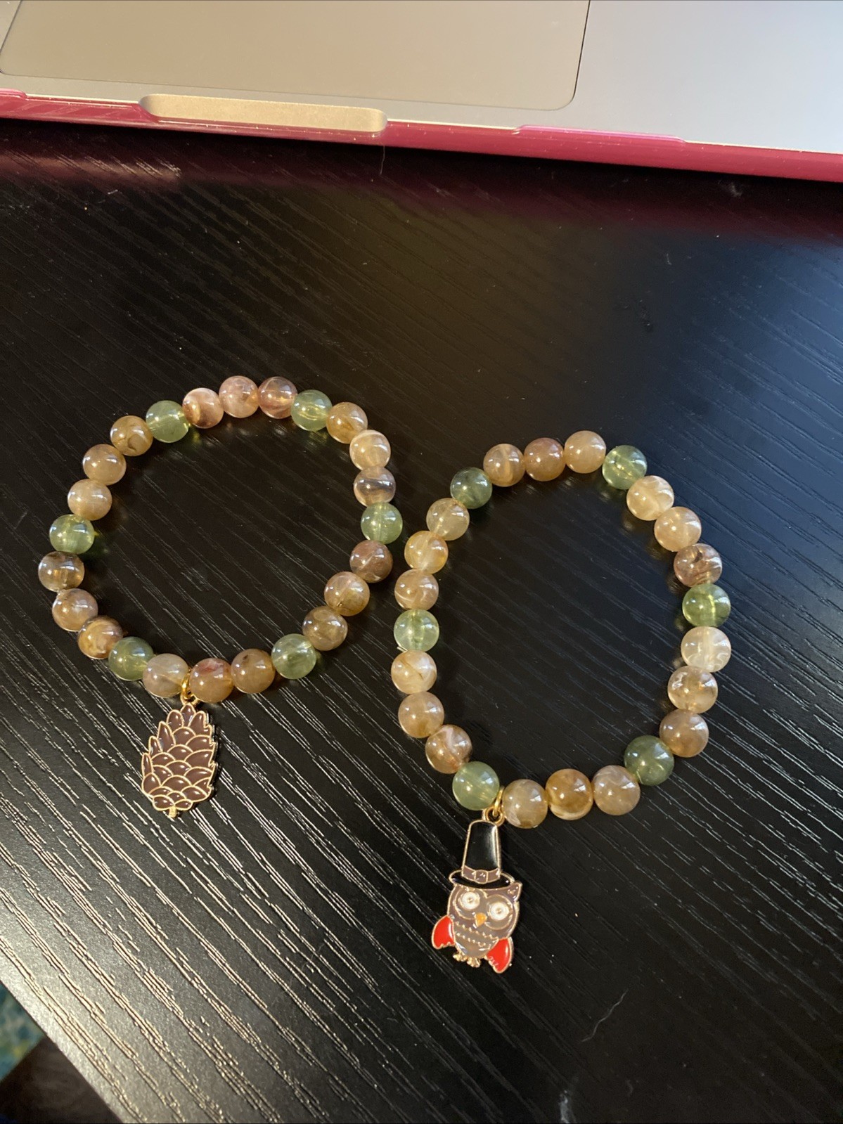 Two Handmade Beaded Charm Bracelets Owl Pinecone Green Brown Stretch Bracelet