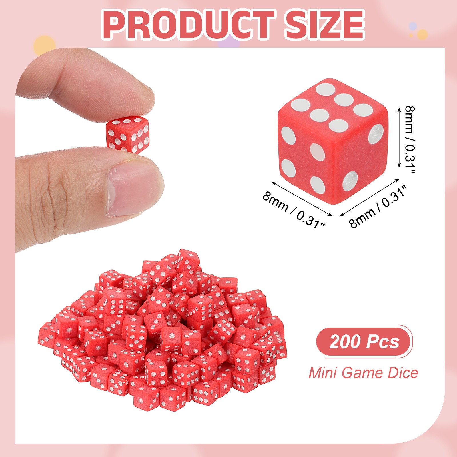 200Pcs Mini Acrylic Polyhedral Dice 8mm 6 Sided Square Corner Dice, Red