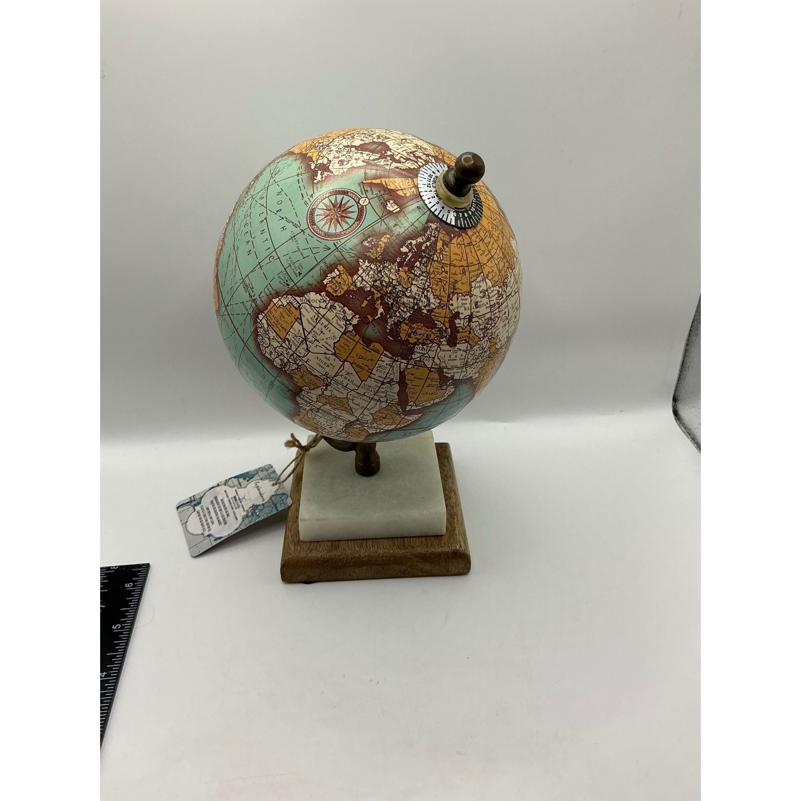 Kirkland's Explorations Decorative Globe Marble and Wood Base Vintage Style Teal
