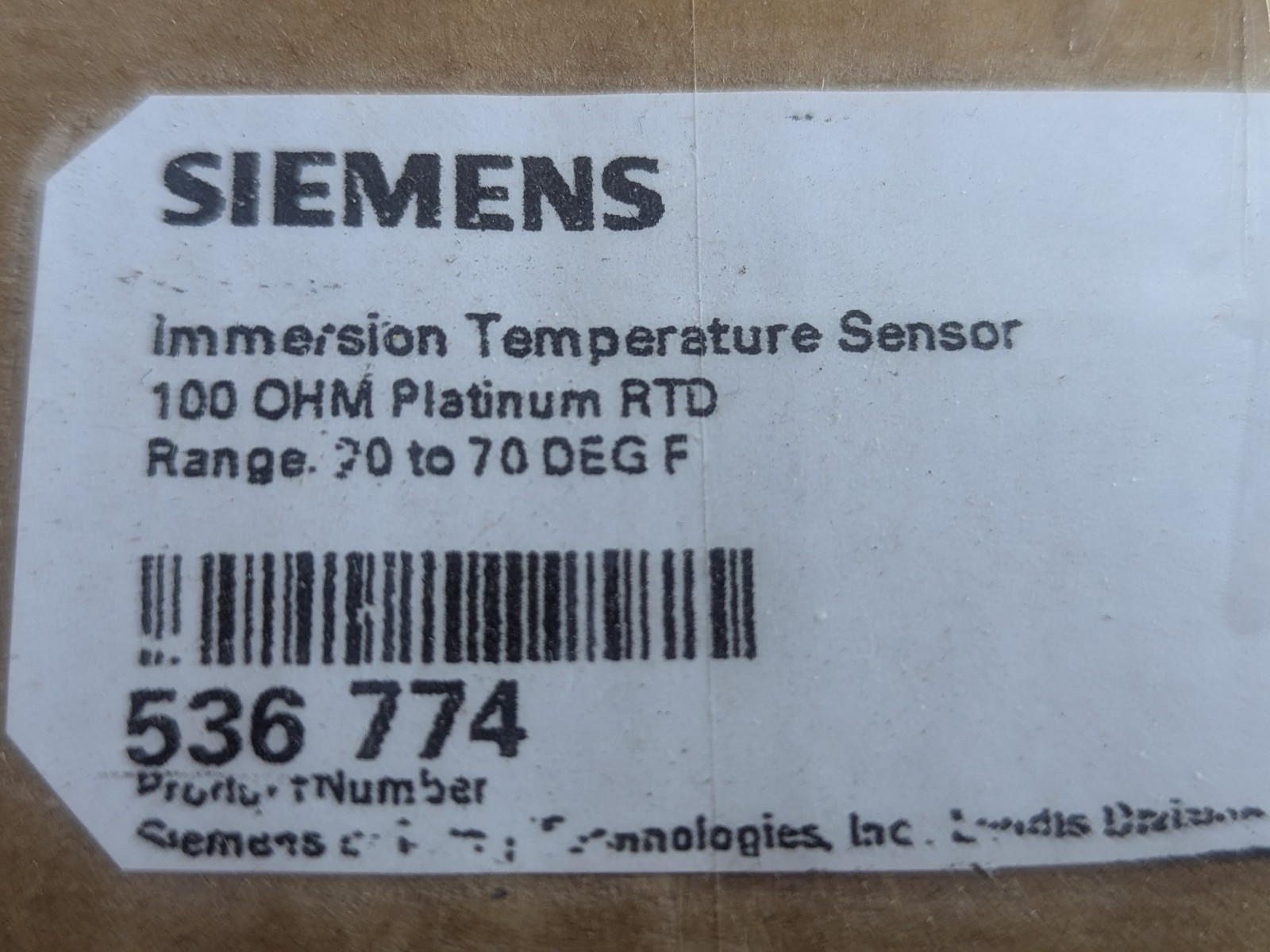 Siemens P/N 536-774 Immersion Temperature Sensor