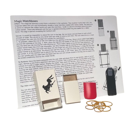 ADAMS MATCH BOX MAGIC TRICK Appearing Coin In Nesting Boxes & Bag Beginner Set