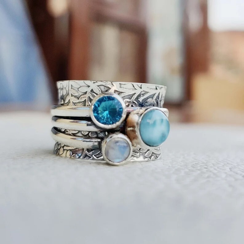 Blue Topaz, Moonstone, Larimar Ring Solid 925 Silver Spinner Ring All Size SR676