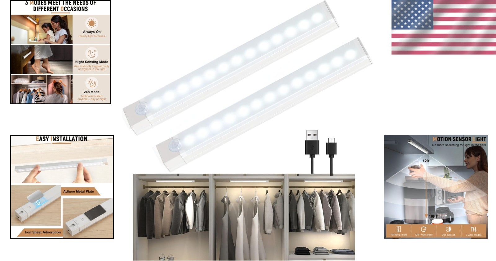 Crisp Daylight White Motion Sensed Closet Lights - 2 Pack, USB-C Rechargeable