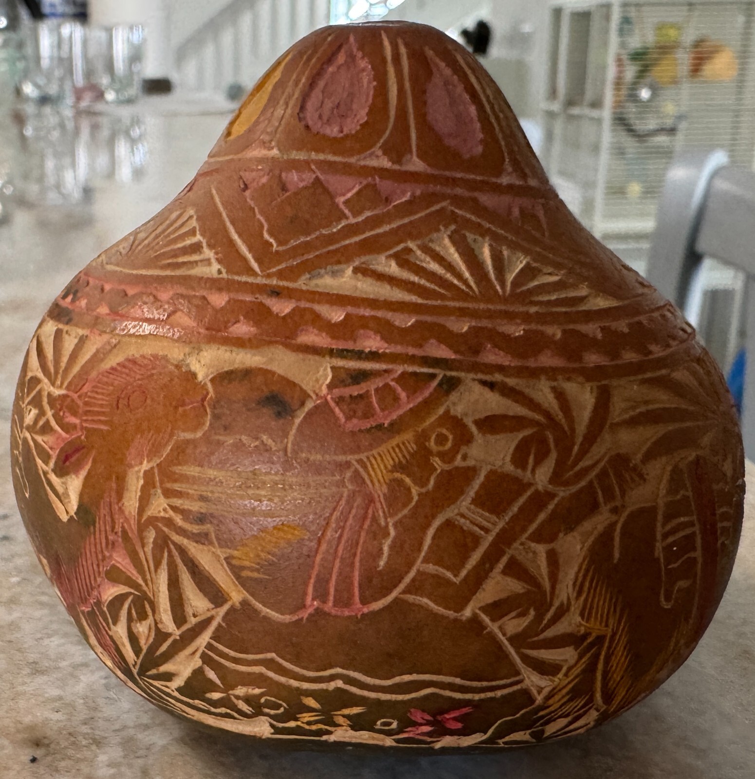 VTG Peru Cocha Chio Etched, Hand Carved Gourd Llamas multicolor 4"