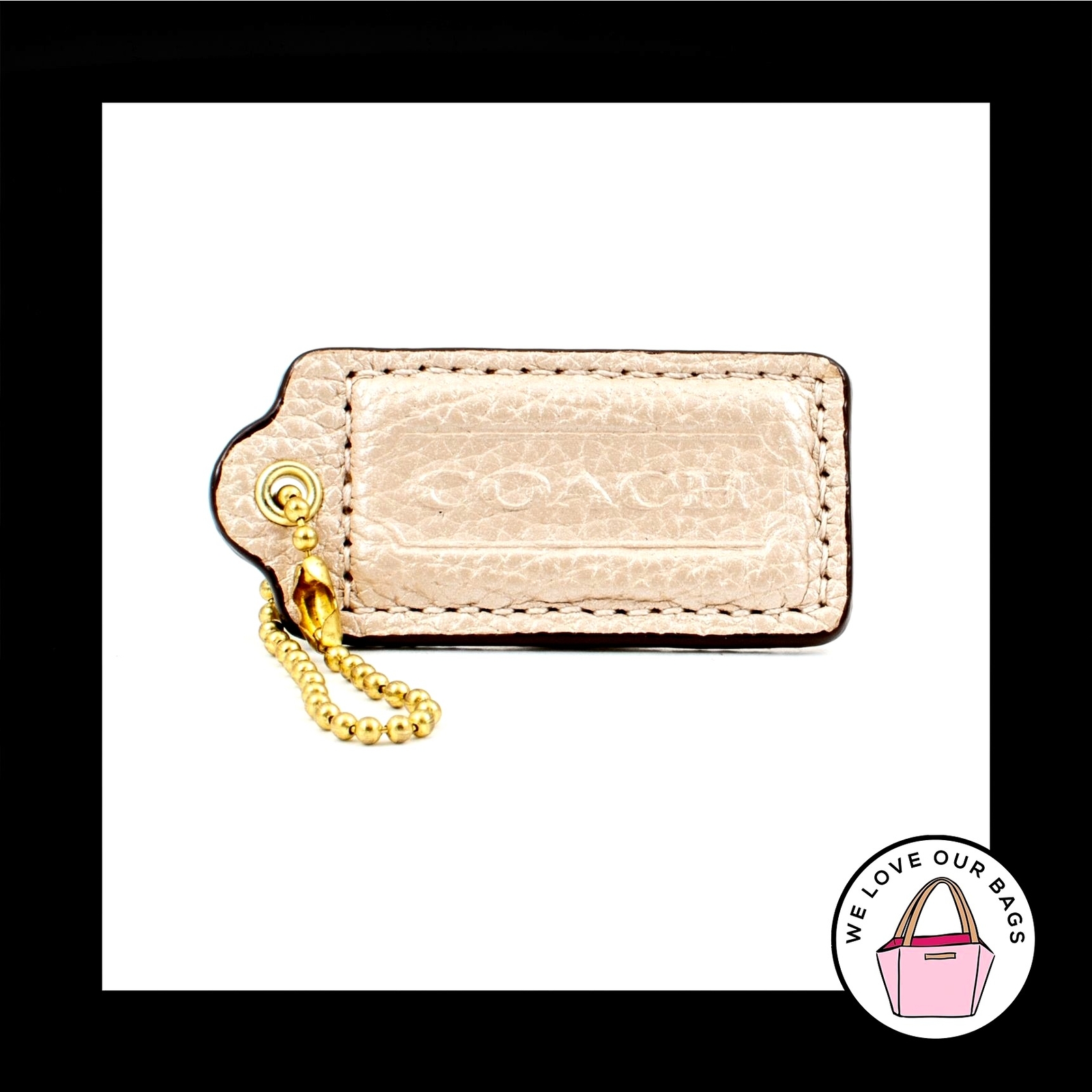 COACH HANG TAG Bag Charm Keychain Fob Pearl Cream Pebbled Leather Brass 2.25"
