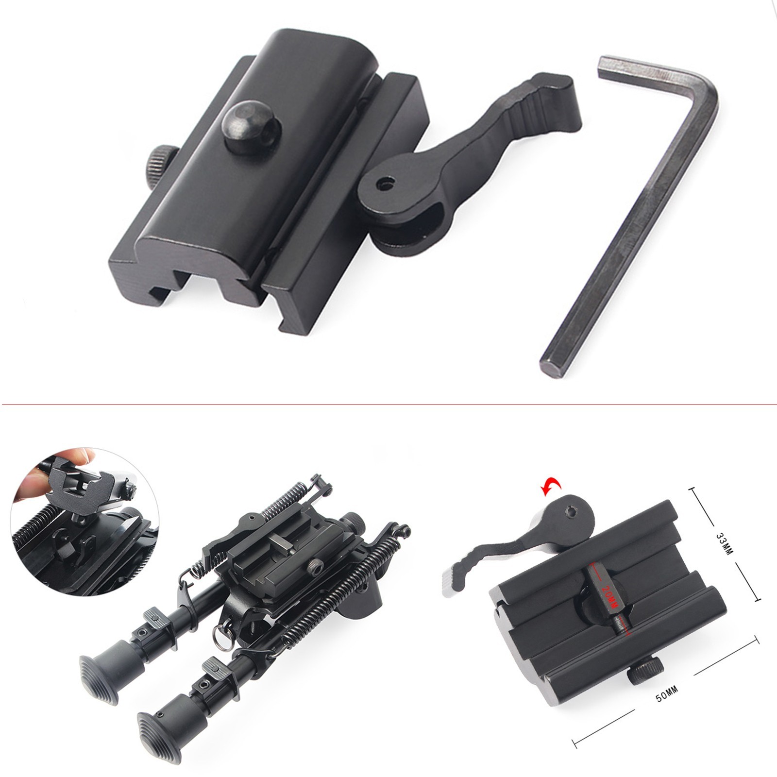 Quick Release Mount For Bipod Sling Stud to 20mm Picatinny Rail Adapter Hunting
