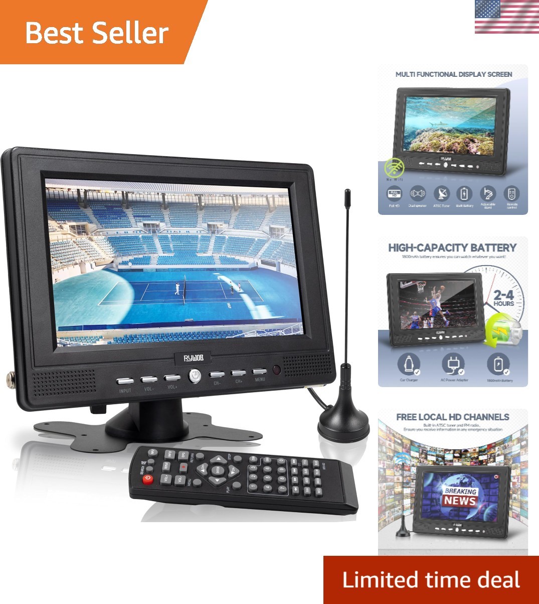 7” Small Portable TV with Antenna,Built-in Digital Tuner and Rechargeable Bat...