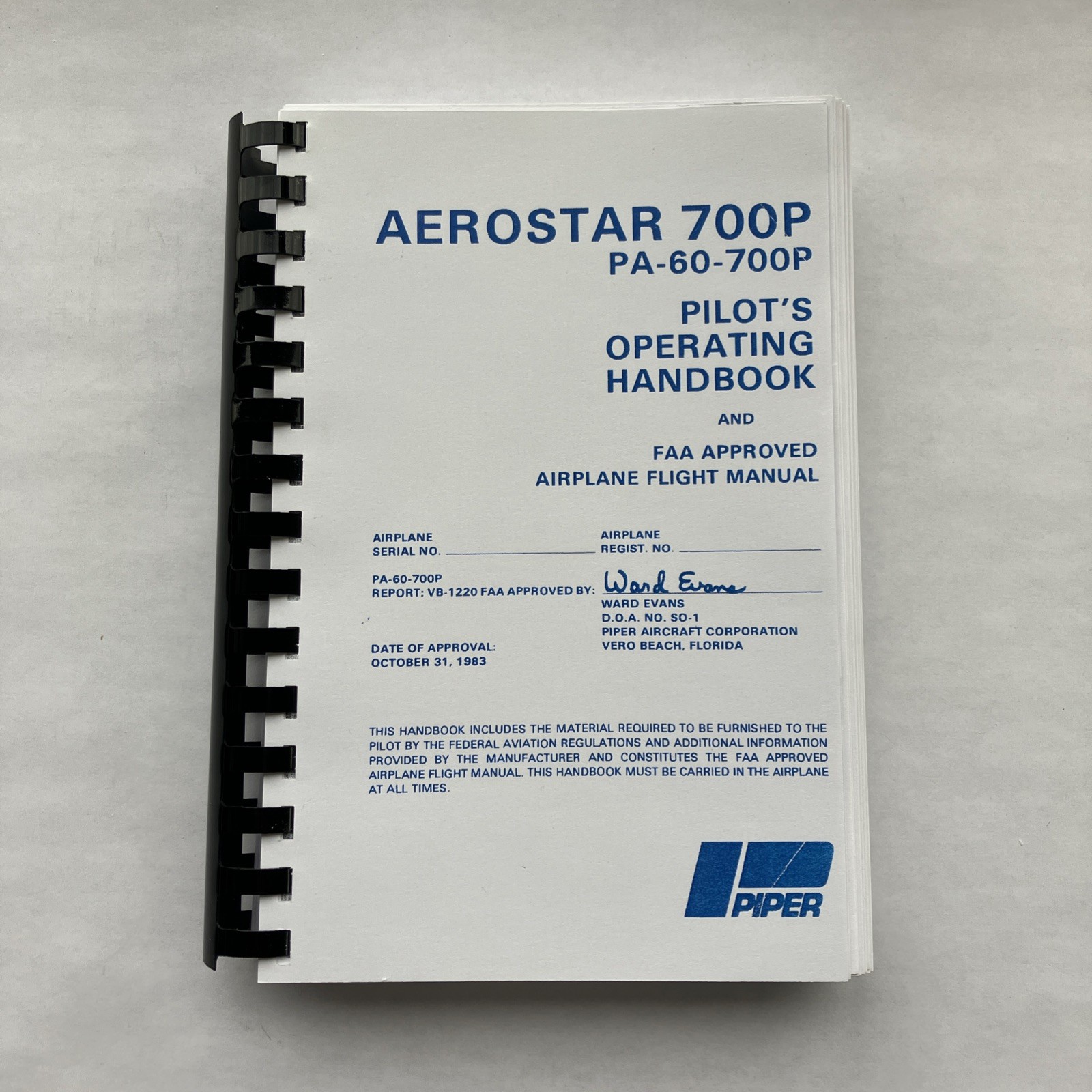 Piper 60-700P Aerostar 1983 Pilot's Operating Handbook (VB-1220) - Reproduction