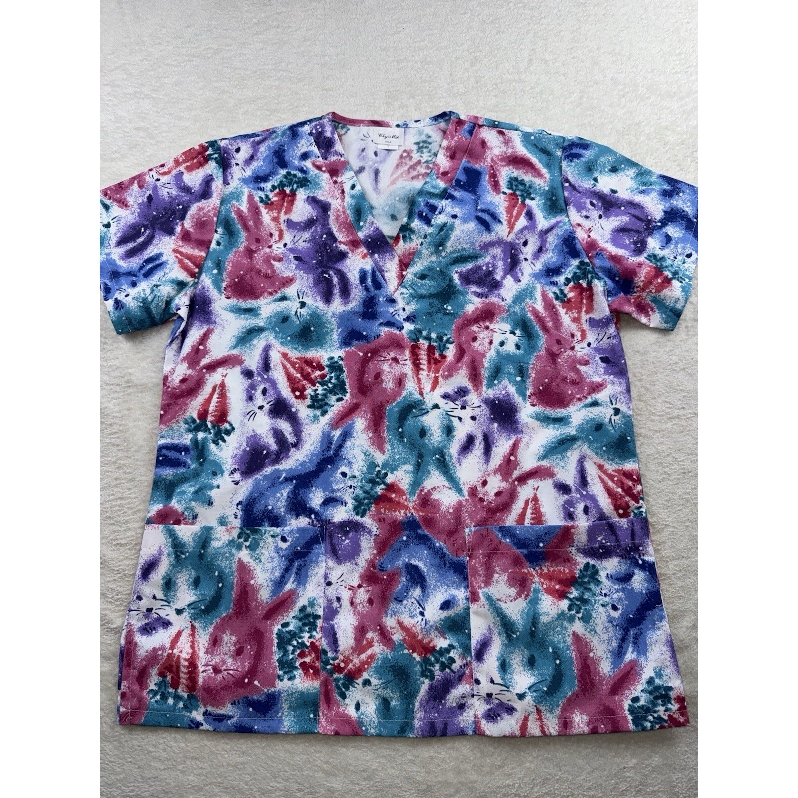 Chy Mik Women's Scrubs Top Size Small Bunny Rabbit Multicolor Spring New