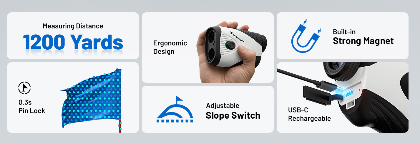 Golf Rangefinder 1200 Yd. Slope Switch Flag Lock Vibration 7X USB-C Rechargeable