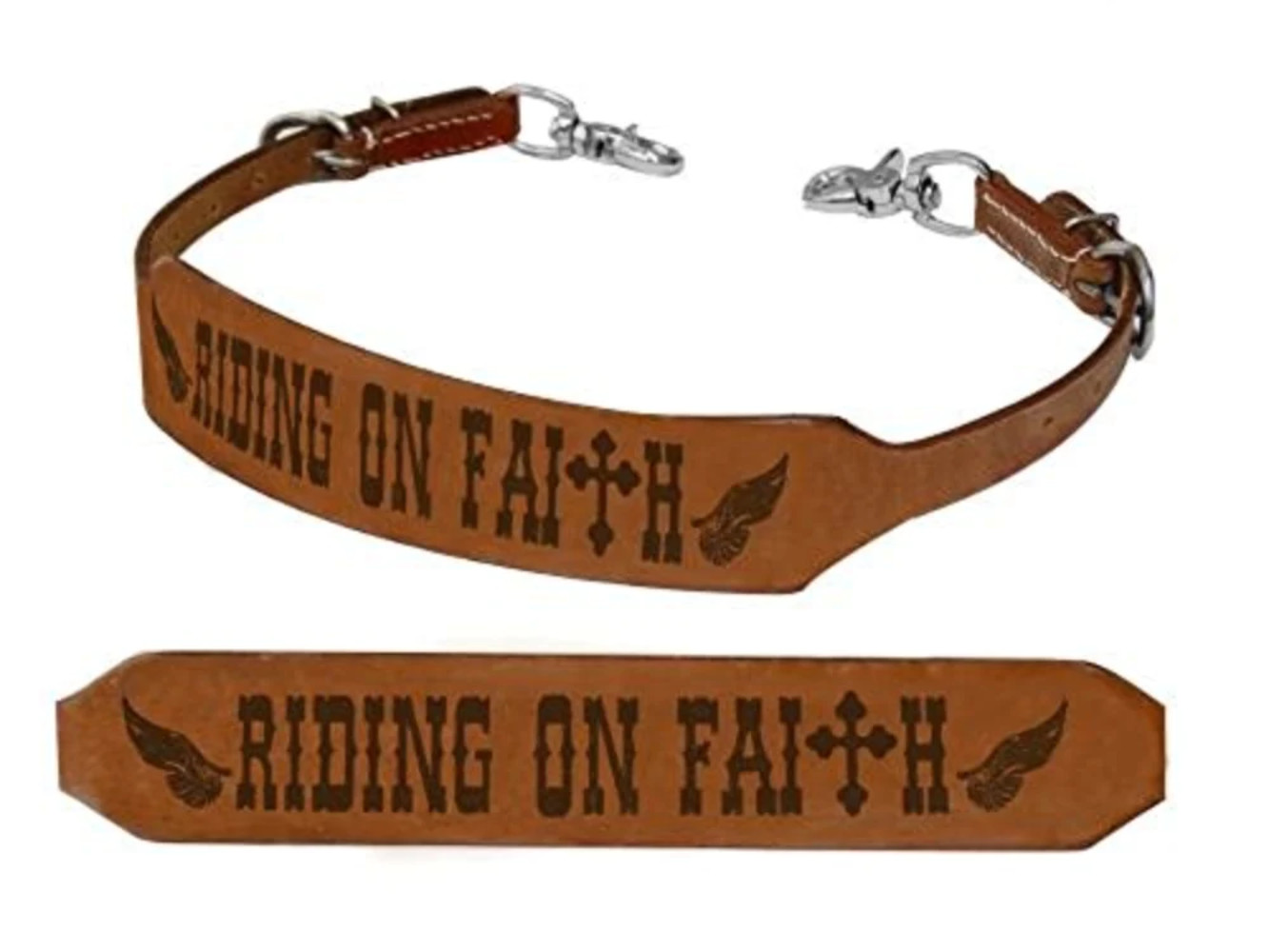 Medium oil leather 'RIDING ON FAITH' WITHER STRAP w/ scissor snap ends 1.5" wide