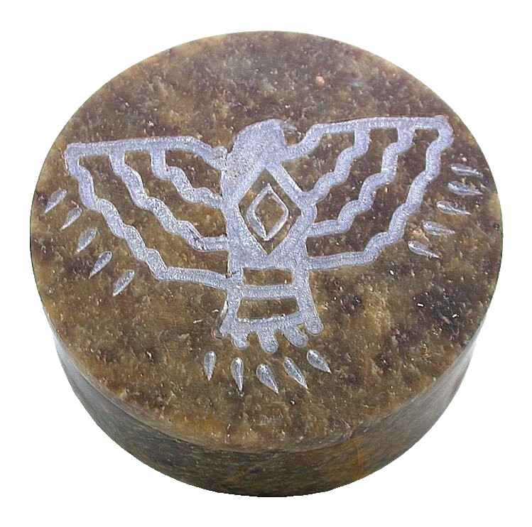 Large Thunderbird Carved  Round 3 3/5  x 3 3/5 x 1 1/3 Inch Soapstone Gift  Box