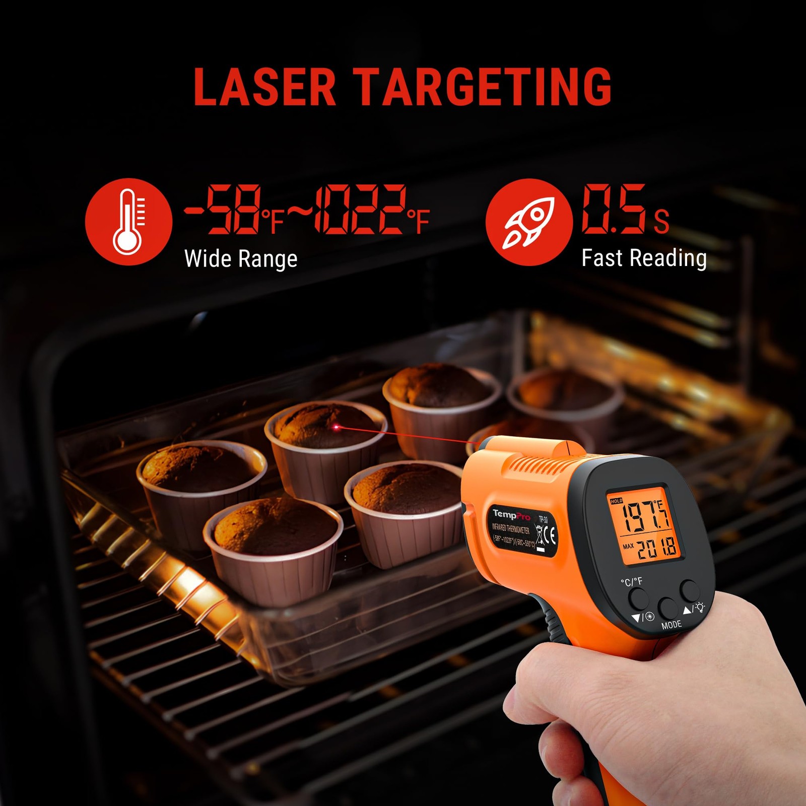 TP30 Thermometer , Laser Thermometer for Cooking, Pizza Oven, Griddle, Engine...