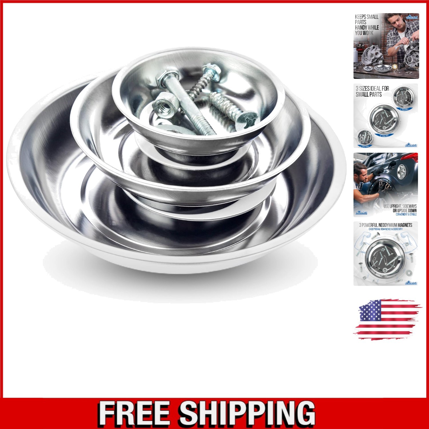 Rubber-Coated Magnetic Tray Set - 3 Stainless Steel Bowls for Parts Organization