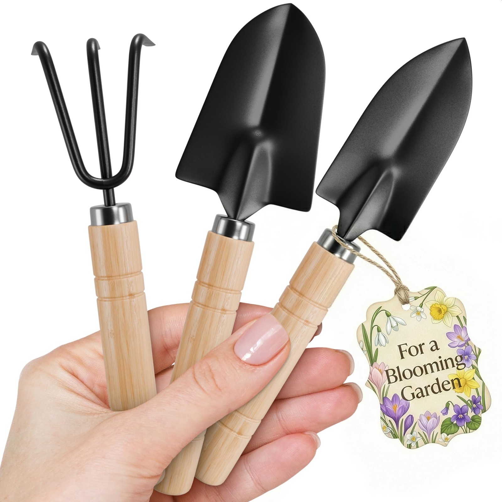 3 Pcs Mini Garden Tools for Gardening – Small Black, Light Brown