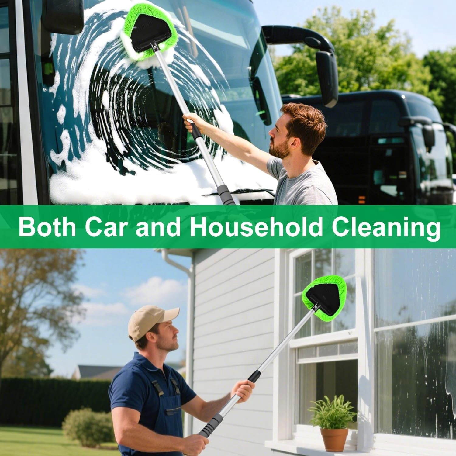 Portable Windshield Cleaner Tool with Extended Long Handle & 4 Microfiber Pads