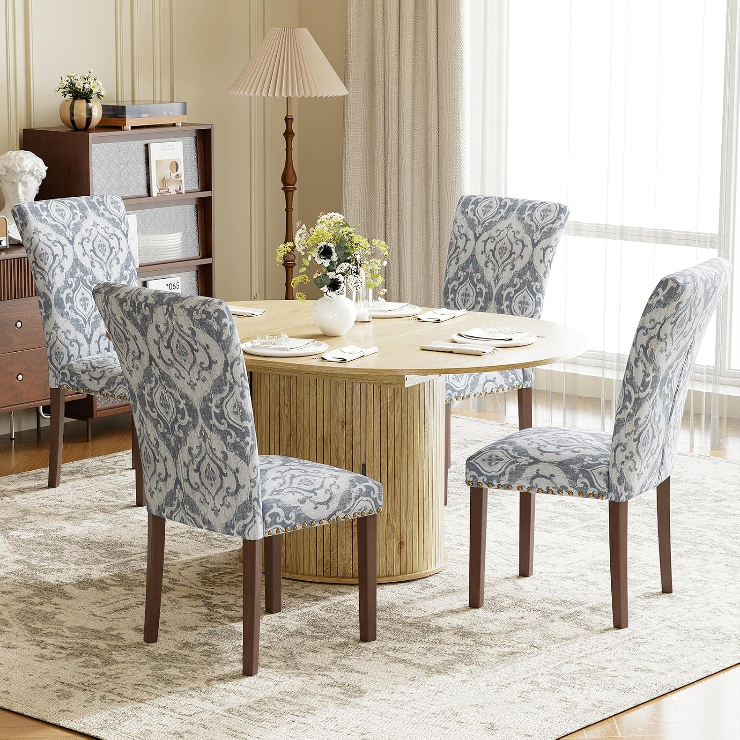 47"-63" Extendable round to Oval Dining Room Table Chairs Set for 4-8 People, Up