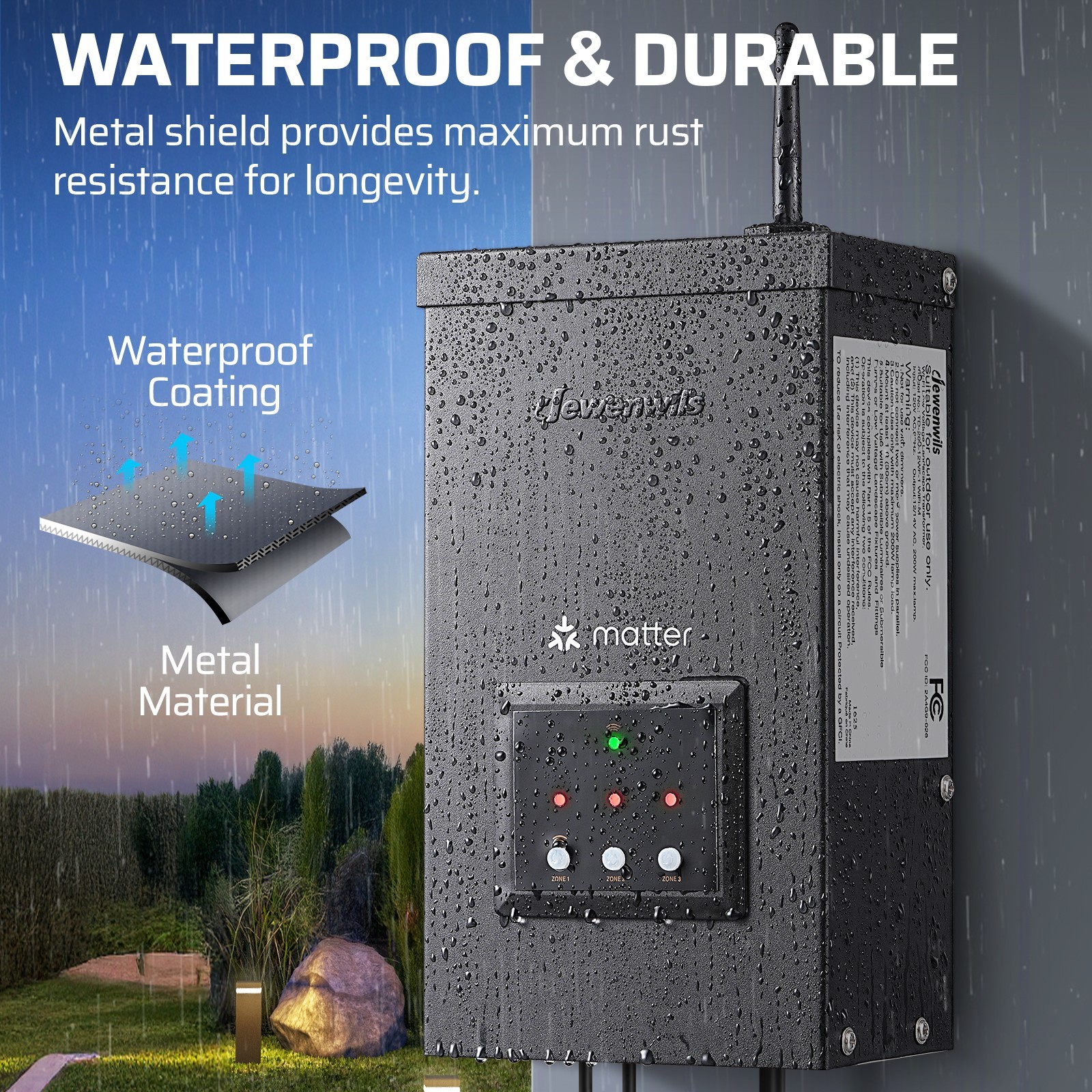 DEWENWILS Smart Low Voltage Transformer 300W 3 Zone WiFi Matter Outdoor 120V