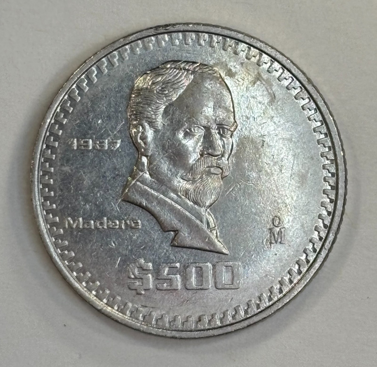 1987 Mexico 500 Pesos Coin Madero Unc Coin KM# 529 Some discoloration on obverse
