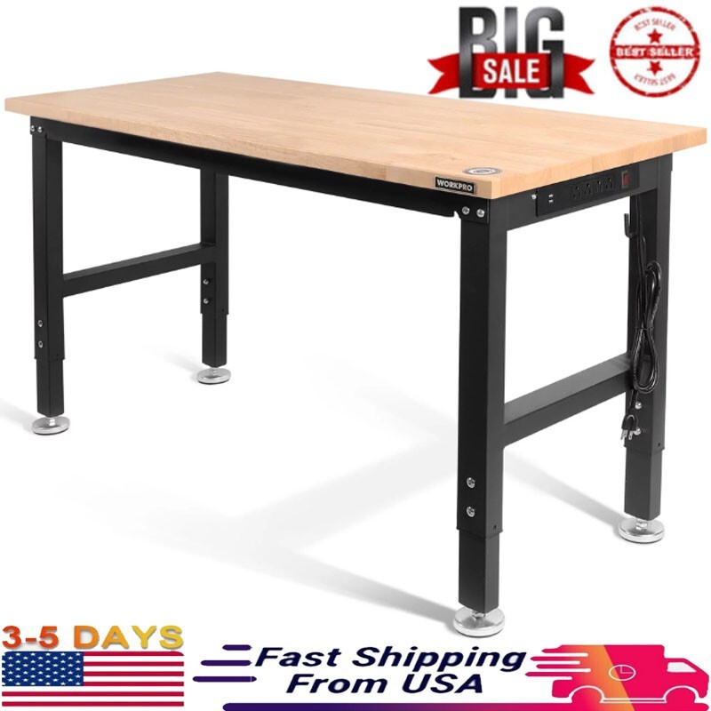 48" Worktable Adjustable Heavy-Duty Steel Frame Solid Rubberwood Tabletop Power