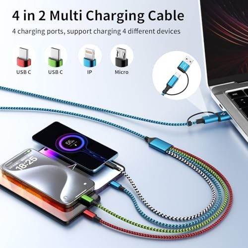 4 in 2 Multi Charging Cable, USBA/C Universal Charging Green&Red&Blue&White
