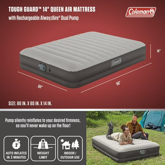 Coleman AlwayzAire Tough Guard Air Mattress Queen 14" w/ Rechargeable Dual Pump
