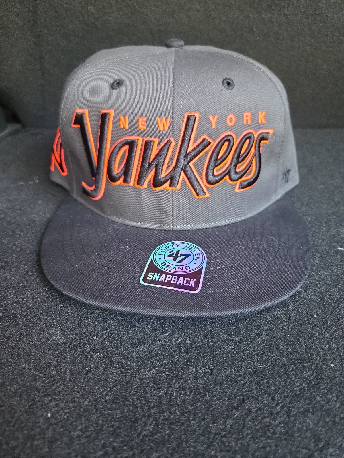 Yankees New York Fluorescent Orange Blue on Gray Fabric w Black Bill SnapbackMLB
