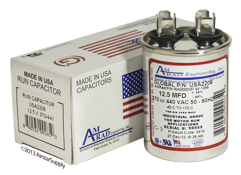 OEM Amrad Run Capacitor 12.5 uf MFD 370 / 440 Volt Fits USA2208 Made in USA
