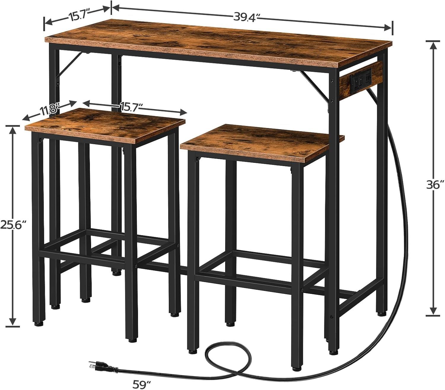 Rustic 3-Piece Bar Table Set with Power Outlet - Compact & Stylish