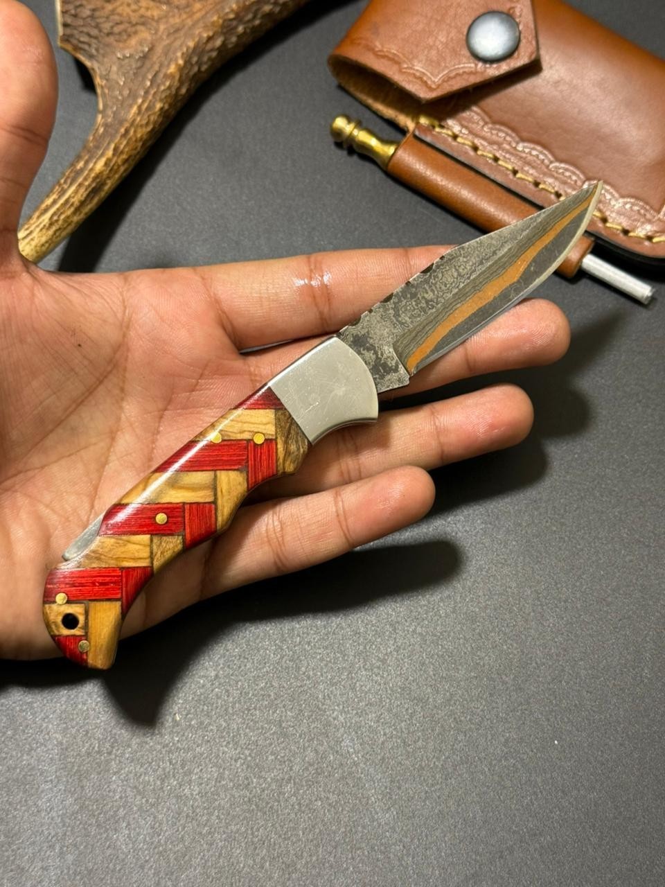 Custom Handmade Copper Damascus Pocket Knife Folding Knife W/ Leather Sheath.