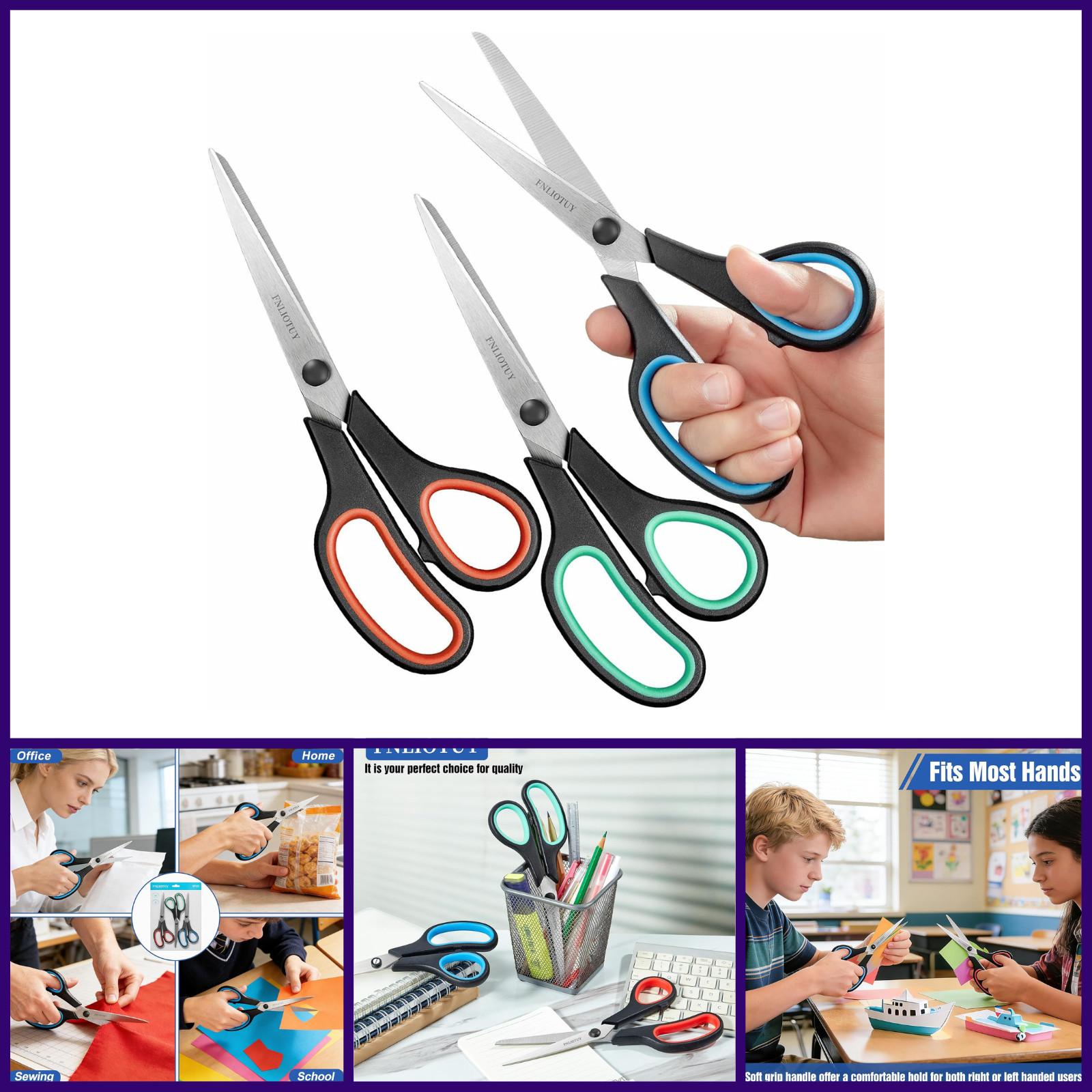 3 Pack 8in Stainless Steel Scissors Heavy Duty Sharp Blades Comfort Grip