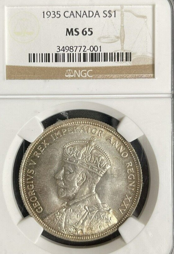 :1935 S$1 SILVER DOLLAR GEORGE-V CANADA GEM-BU NGC MS65 RARITY R4 255/66 LOW POP