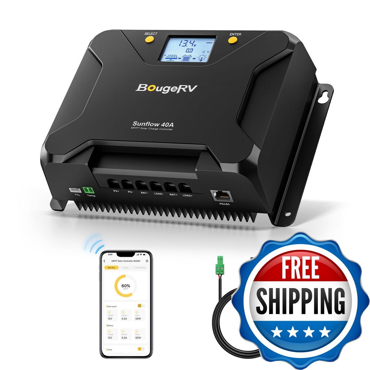 Bougerv Mppt Solar Charge Controller 40A W/ Low-Temp Cut-Off App Control