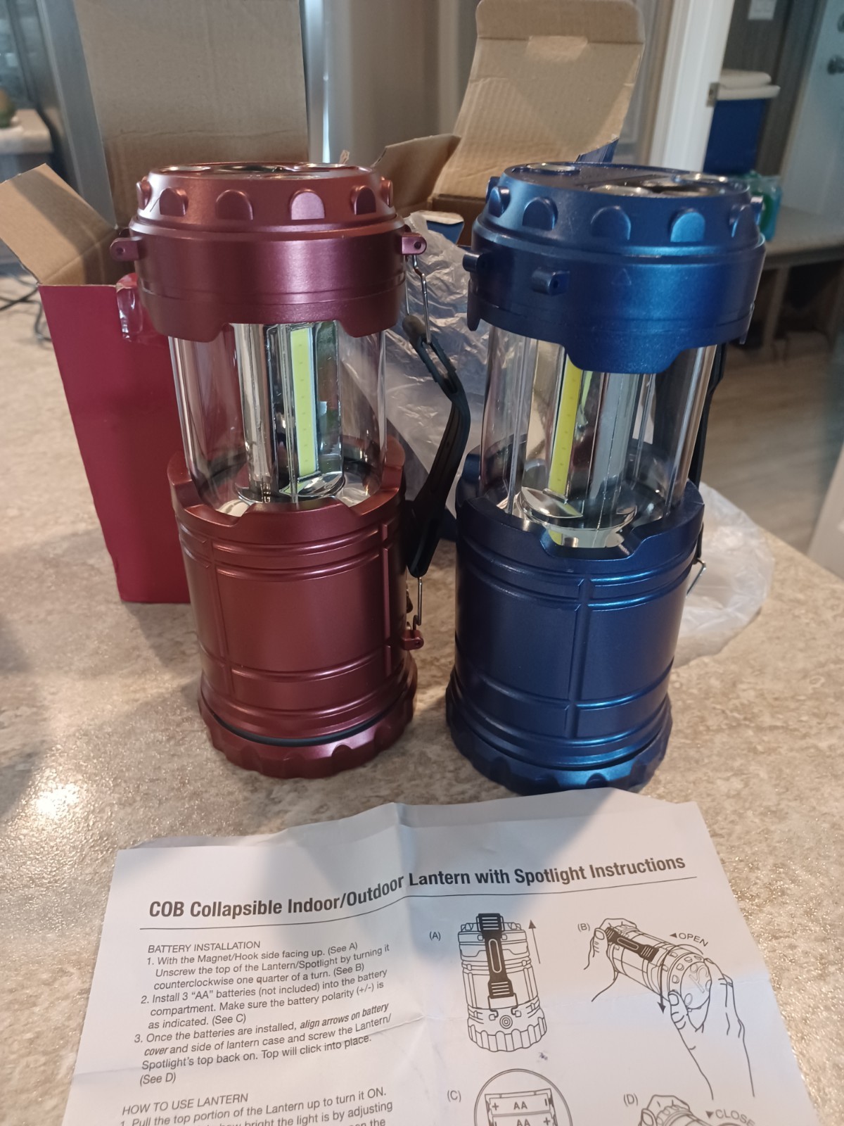 2 New Cob Led Collapsible Lantern/flashlight Red and Blue