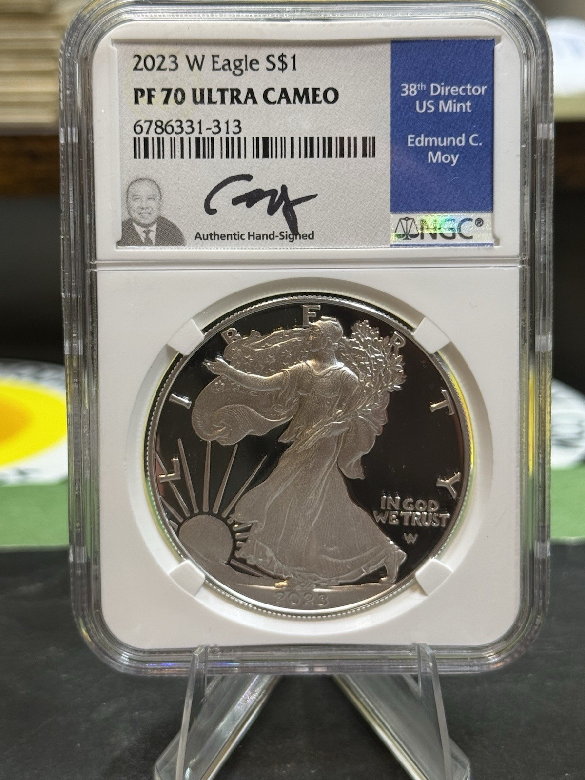 2023 W PROOF SILVER EAGLE NGC PF70 ULTRA CAMEO EDMUND MOY HAND SIGNED BLUE LABEL